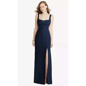 After Six Wide Strap Crepe Maxi Dress 0 Blue Empire Waist Front Slit Formal Gown